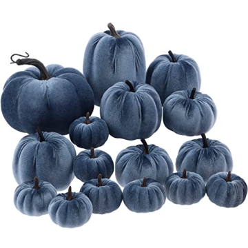 Yatinkim Blue Velvet Fall Harvest Pumpkin Decor Set 5 Sizes Fabric Foam Pumpkins Rustic Wedding Home...