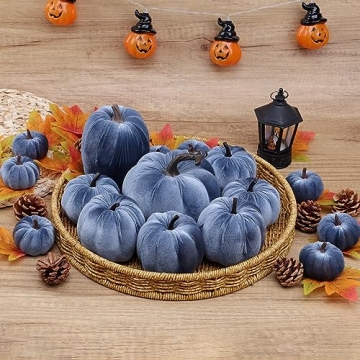 Yatinkim Blue Velvet Pumpkin Decor Set for Autumn