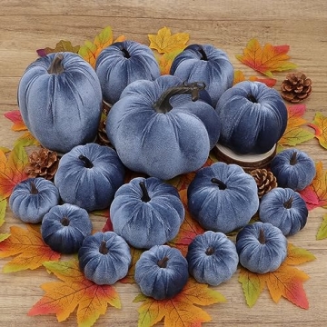 Yatinkim Blue Velvet Pumpkin Decor Set for Autumn