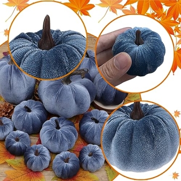Yatinkim Blue Velvet Pumpkin Decor Set for Autumn