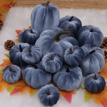 Yatinkim Blue Velvet Pumpkin Decor Set for Autumn