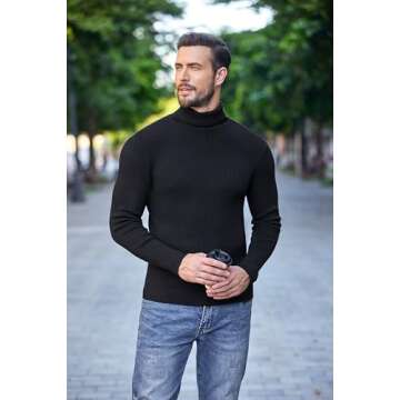 COOFANDY Men's Ribbed Slim Fit Knitted Pullover Turtleneck Sweater, Black, Medium