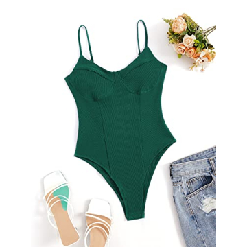 Milumia Women's Ribbed Spaghetti Strap Bodysuit Top