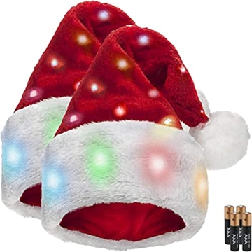 Winks Novelty Plush Santa Hat - 2 Pack with Color-Changing LED Lights for All Ages