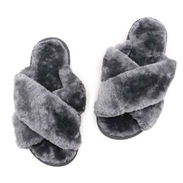 ISZPLUSH Womens House Fuzzy Slippers Leopard Cross Band Soft Plush Fluffy Slippers Furry Fleece Slip on Slippers Open Toe House Warm Bedroom Shoes Slides for Indoor Outdoor (Grey, numeric_9)