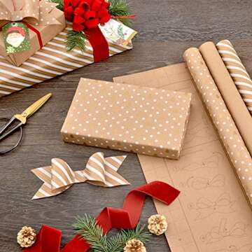 Hallmark Holiday Wrapping Paper with Optional DIY Bow Templates on Reverse (3 Rolls: 120 sq. ft. ttl) Kraft and Gold Christmas Trees, Stripes, Solid Kraft for Christmas, Hanukkah, Weddings, Birthdays, Tri-Pack (0005JXW1059), Brown Gold