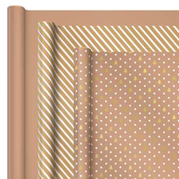 Hallmark Holiday Wrapping Paper with Optional DIY Bow Templates on Reverse (3 Rolls: 120 sq. ft. ttl) Kraft and Gold Christmas Trees, Stripes, Solid Kraft for Christmas, Hanukkah, Weddings, Birthdays, Tri-Pack (0005JXW1059), Brown Gold