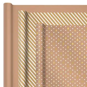 Hallmark Holiday Wrapping Paper with Optional DIY Bow Templates on Reverse (3 Rolls: 120 sq. ft. ttl) Kraft and Gold Christmas Trees, Stripes, Solid Kraft for Christmas, Hanukkah, Weddings, Birthdays, Tri-Pack (0005JXW1059), Brown Gold