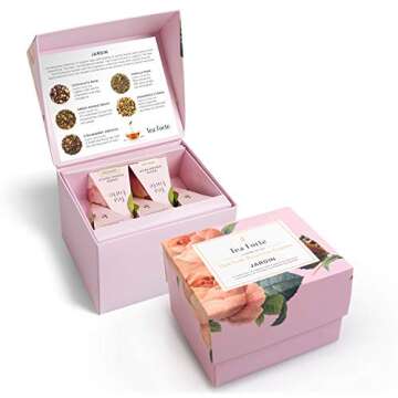 Tea Forte Jardin 3-Piece Tea Gift Set with Pink Cafe Cup with Lid, Tea Tray and 10 Assorted 2 of Each Variety Organic Handcrafted Pyramid Infuser Tea Bags