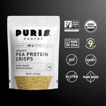 PURIS Organic Pea Protein Crisps, 1LB, Certified Organic Pea Protein Isolate, Keto Protein Crunch, Made 100% in The USA, Non-GMO, Gluten Free, No Sugar, No Soy, 18g Protein, 7g Carbs, Unflavored