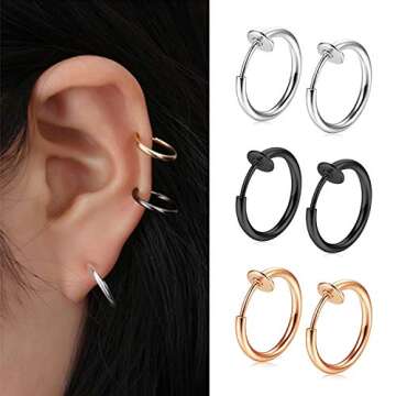 MODRSA Fake Nose Ring Hoop Faux Nose Ring Spring Hoop Fake Nose Piercing Clip on Nose Hoop Fake Lip Earrings Fake Cartilage Conch Non Piercing Jewelry for Women