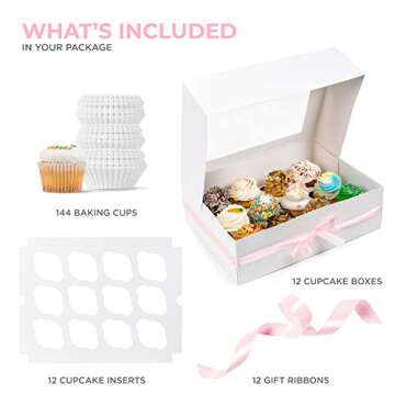 SMIRLY White Cupcake Boxes 12 Count: Disposable Cupcake Containers 12 Count, Cupcake Holder with Lid...