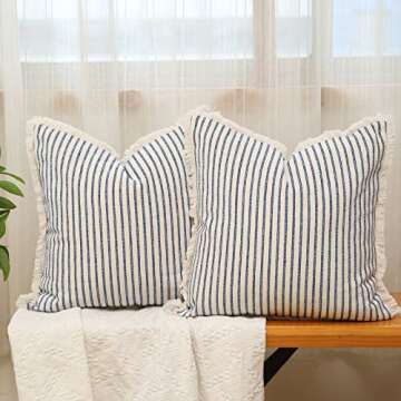 Hckot Throw Pillow Covers 20x20 Set of 2 Striped Pillow Covers with Fringe Chic Cotton Decorative Pi...