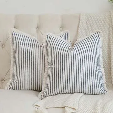 Hckot Throw Pillow Covers 20x20 Set of 2 Striped Pillow Covers with Fringe Chic Cotton Decorative Pillows Square Cushion Covers for Sofa Couch Bed Living Room Farmhouse Decor,Navy Blue