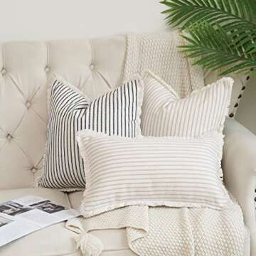 Hckot Throw Pillow Covers 20x20 Set of 2 Striped Pillow Covers with Fringe Chic Cotton Decorative Pillows Square Cushion Covers for Sofa Couch Bed Living Room Farmhouse Decor,Navy Blue