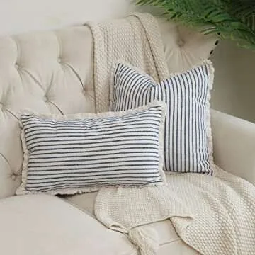 Hckot Throw Pillow Covers 20x20 Set of 2 Striped Pillow Covers with Fringe Chic Cotton Decorative Pillows Square Cushion Covers for Sofa Couch Bed Living Room Farmhouse Decor,Navy Blue