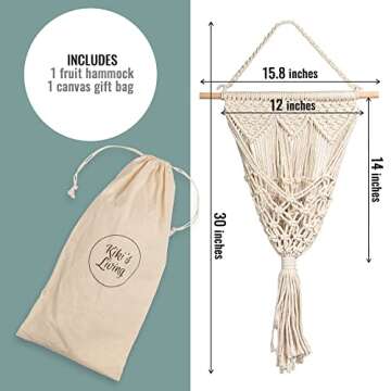 Kiki's Living Wall Fruit Basket for Kitchen - Macrame Wall Mounted Fruit Basket - Macrame Fruit Hamm...