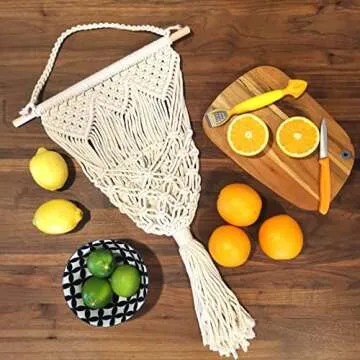 Kiki's Living Wall Fruit Basket for Kitchen - Macrame Wall Mounted Fruit Basket - Macrame Fruit Hammock - Macrame Fruit Basket - Boho Wall Baskets - Boho Kitchen Decor - Fruit Hanging Basket