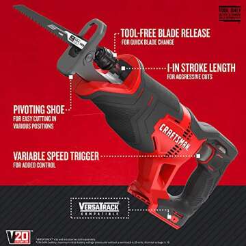 ​​CRAFTSMAN V20 Reciprocating Saw, Cordless, 3,000 RPM, Variable Speed Trigger, Quick Easy Blade...