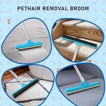 YULOOSI Carpet Rake for Pet Hair Removal, Updated Reusable Pet Hair Remover with 65” Adjustable Long Handle, 2 in 1 Rubber Broom and Carpet Brush Scraper for Rugs, Mats, Couch, Furniture