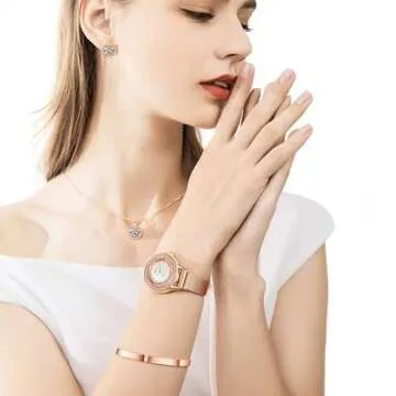 Watches Sets Gifts for Women, Rose Gold Watch Set Necklace Earring Bracelet 4 Pieces Jewelry Set for...