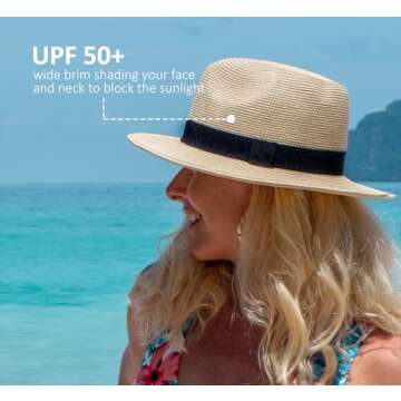Joywant Abby Straw Sun Hat for Women with UV Protection Wide Brim Wind Lanyard,Travel Foldable Summer Beach Hat Panama Fedora-Beige