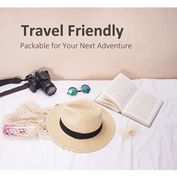 Joywant Abby Straw Sun Hat for Women with UV Protection Wide Brim Wind Lanyard,Travel Foldable Summer Beach Hat Panama Fedora-Beige