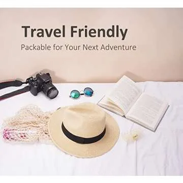 Joywant Abby Straw Sun Hat for Women with UV Protection Wide Brim Wind Lanyard,Travel Foldable Summer Beach Hat Panama Fedora-Beige