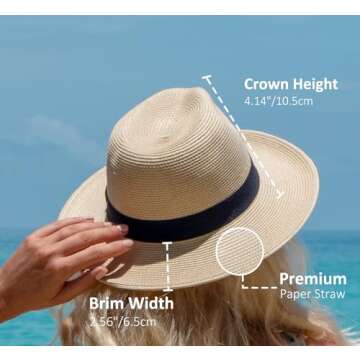 Joywant Abby Straw Sun Hat for Women with UV Protection Wide Brim Wind Lanyard,Travel Foldable Summer Beach Hat Panama Fedora-Beige