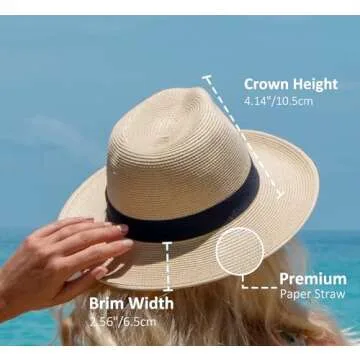 Joywant Abby Straw Sun Hat for Women with UV Protection Wide Brim Wind Lanyard,Travel Foldable Summer Beach Hat Panama Fedora-Beige