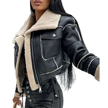 Sexyshine Women's Faux Shearing Moto Bomber Jacket Sherpa-Lined Coat Winter Aviator Leather Coat Out...