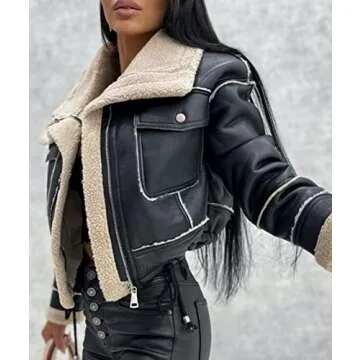Sexyshine Women's Faux Shearing Moto Bomber Jacket Sherpa-Lined Coat Winter Aviator Leather Coat Outerwear(23744BL,S)