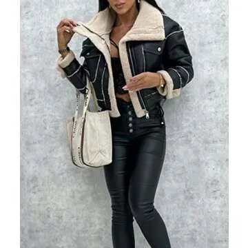 Sexyshine Women's Faux Shearing Moto Bomber Jacket Sherpa-Lined Coat Winter Aviator Leather Coat Outerwear(23744BL,S)