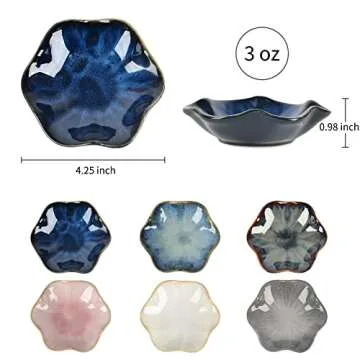 Ceramic Dipping Bowls Set of 6, Flower Reactive Glazed Small Condiment Finger Bowls for Sushi and So...