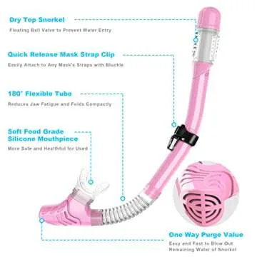 Snorkel Set, Zipoute Snorkel Dry Top Snorkeling Gear for Adults, Panoramic Anti-Leak and Anti-Fog Tempered Glass Lens, Adults Adjustable Snorkeling Set, Scuba Diving Swimming Training Snorkel Kit