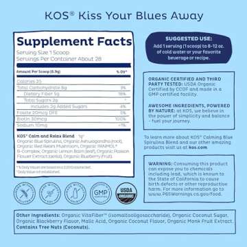 KOS Calming Blue Spirulina Blend- USDA Certified Organic - Algae Superfood Powder with Ashwagandha Root, Lemon Balm, Reishi Mushroom, B Vitamins - Berry Coconut Cooler Flavor, 28 Servings