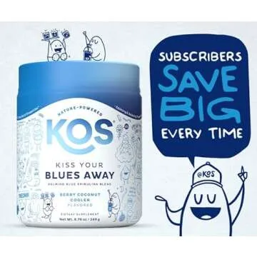 KOS Calming Blue Spirulina Blend- USDA Certified Organic - Algae Superfood Powder with Ashwagandha Root, Lemon Balm, Reishi Mushroom, B Vitamins - Berry Coconut Cooler Flavor, 28 Servings