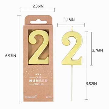 PHD CAKE 2.76 Inch Modern Gold 2 Number Birthday Candles, Gold Number Candles, Cake Number Candles, Party Celebration