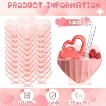 Ziliny Mini Dessert Cups with Spoons 2.7 oz Plastic Appetizer Cup Clear Disposable Reusable Heart Shaped Bowl for Valentine Wedding Party Cakes Ice Cream Tasting(Pink,40 Set)