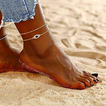 14k Gold Ankle Bracelets for Women Dainty Cute Evil Eye Foot Chain Anklet Tiny Double Layered Beads Chain Anklet for Beach Women Jewelry Gifts