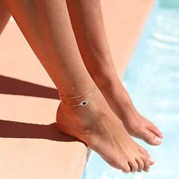 14k Gold Ankle Bracelets for Women Dainty Cute Evil Eye Foot Chain Anklet Tiny Double Layered Beads Chain Anklet for Beach Women Jewelry Gifts
