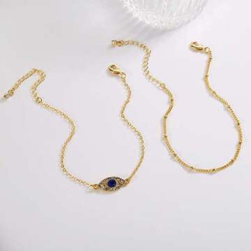 14k Gold Ankle Bracelets for Women Dainty Cute Evil Eye Foot Chain Anklet Tiny Double Layered Beads Chain Anklet for Beach Women Jewelry Gifts