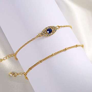 14k Gold Ankle Bracelets for Women Dainty Cute Evil Eye Foot Chain Anklet Tiny Double Layered Beads Chain Anklet for Beach Women Jewelry Gifts