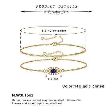 14k Gold Ankle Bracelets for Women Dainty Cute Evil Eye Foot Chain Anklet Tiny Double Layered Beads Chain Anklet for Beach Women Jewelry Gifts