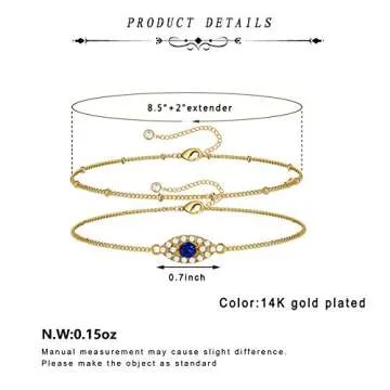 14k Gold Ankle Bracelets for Women Dainty Cute Evil Eye Foot Chain Anklet Tiny Double Layered Beads Chain Anklet for Beach Women Jewelry Gifts