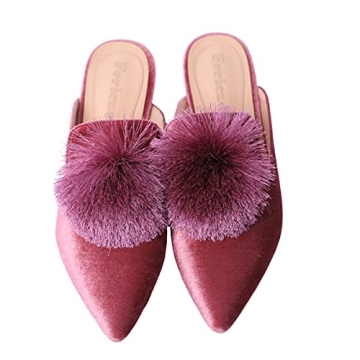 Fericzot Mules for Women,Slip On Backless Loafers Flats Puff Pompom Pointed Toe Casual Shoes Slipper...