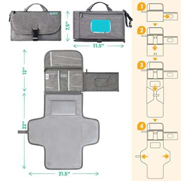 Kopi Baby Portable Diaper Changing Pad - Baby Diaper Changer Travel Bag with Wipes Pocket, Smart Design Portable Changing Mat, Infant Travel Station Kit, Gift for Newborn Girl & Boy - Grey