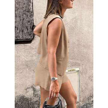 PRETTYGARDEN Two Piece Outfits for Women Summer Button Up V Neck Vest Waistcoat and Pockets Shorts C...
