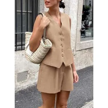 PRETTYGARDEN Two Piece Outfits for Women Summer Button Up V Neck Vest Waistcoat and Pockets Shorts Chic Casual Matching Sets (Khaki,Large)