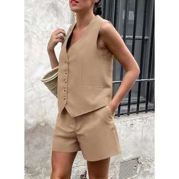 PRETTYGARDEN Two Piece Outfits for Women Summer Button Up V Neck Vest Waistcoat and Pockets Shorts Chic Casual Matching Sets (Khaki,Large)
